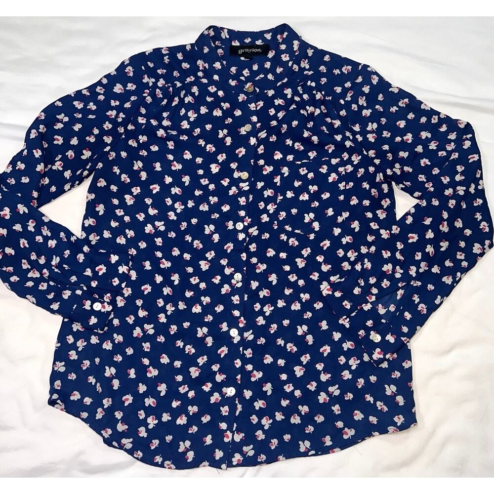 Grayson Blouse Size S Blue White Pink Floral Button Long Sleeve Shirt SMALL FLAW